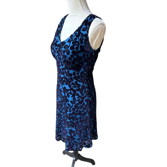 Vintage Laura Ashley Blue V Neck Sleeveless Velvet Floral Overlay Dress - 6 - Picture 4 of 9